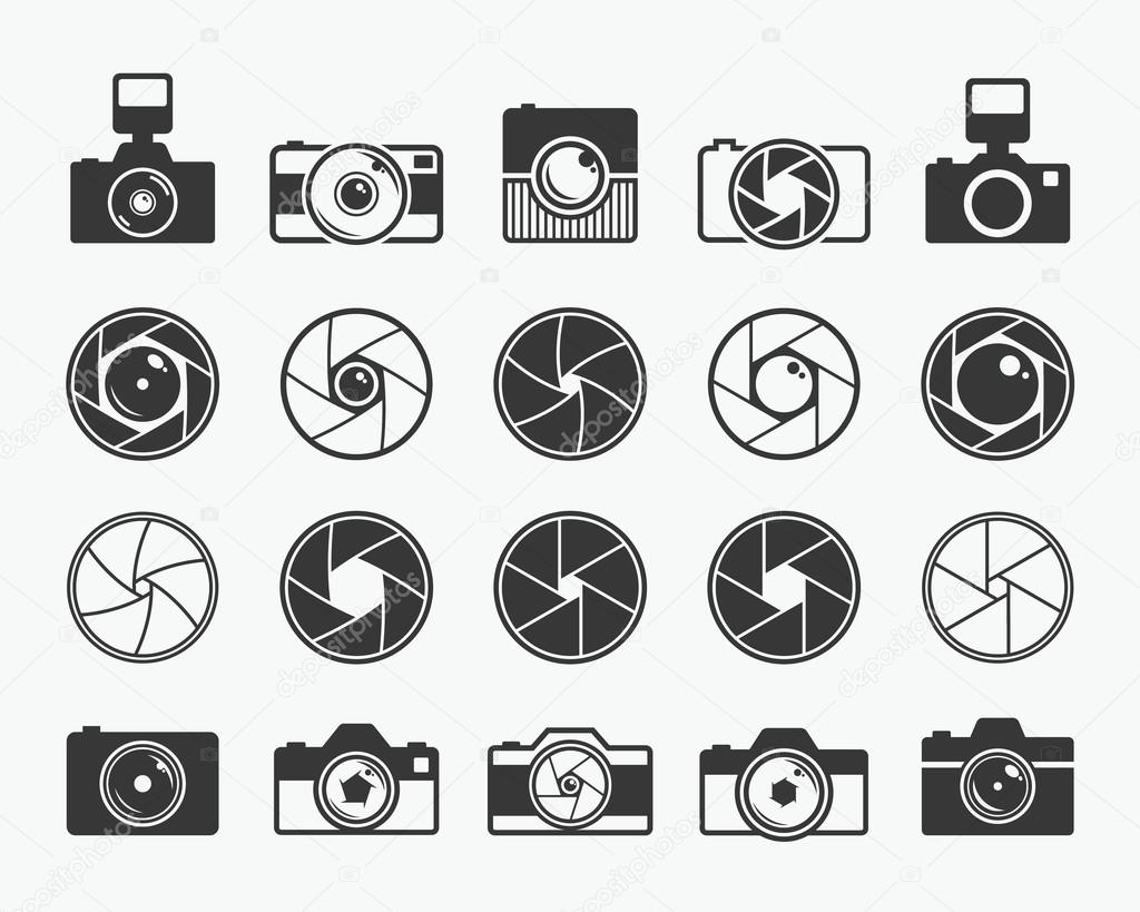 Camera shutter, lenses and photo camera icons set. Aperture and photography vector illustration for photo studio, photographer and digital media