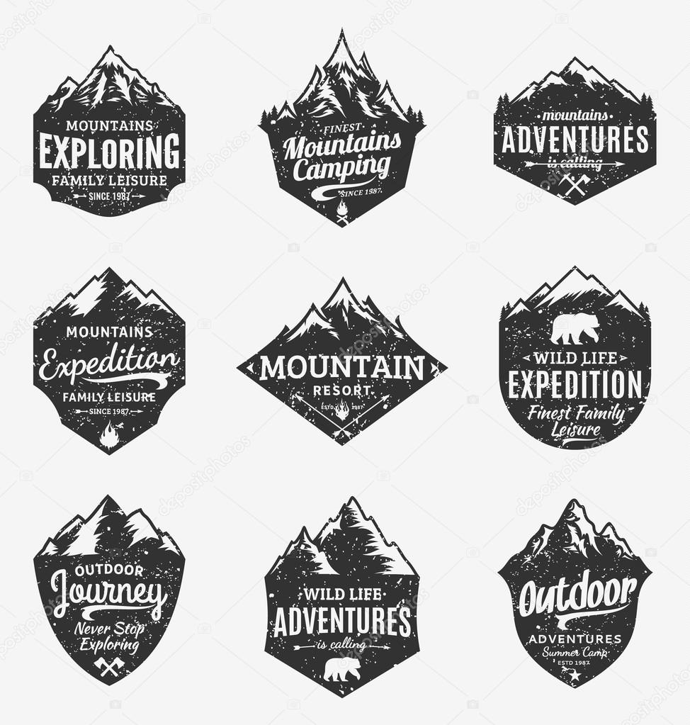Set of retro styled vector mountain and outdoor adventures logo. Tourism, hiking and camping labels. Mountains and travel icons for tourism organizations, outdoor events and camping leisure.