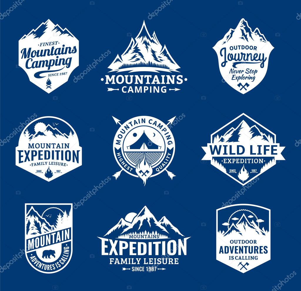 Set of vector mountain and outdoor adventures logo. Tourism, hiking and camping labels. Mountains and travel icons for tourism organizations, outdoor events and camping leisure.