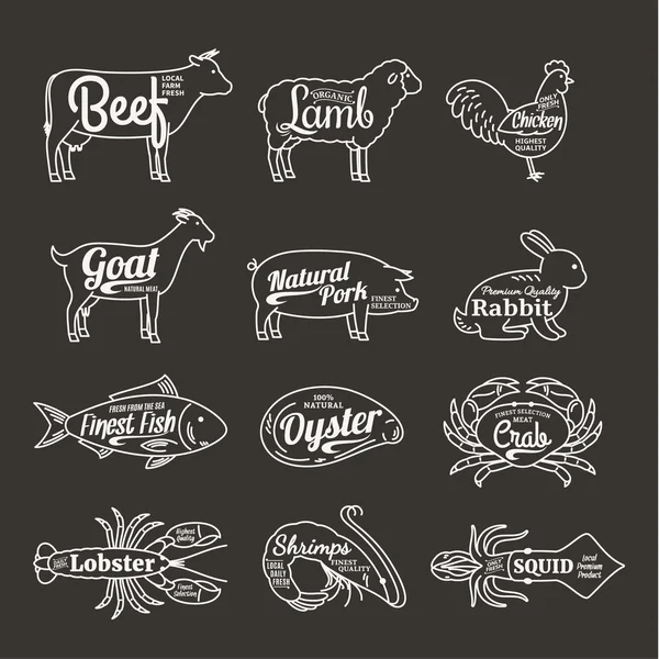 Butchery and Seafood Shop Logo. Vector Farm Animals and Seafood — Stock Vector