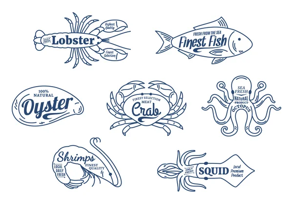 Logo toko makanan laut. Ikon garis tipis makanan laut ditata - Stok Vektor