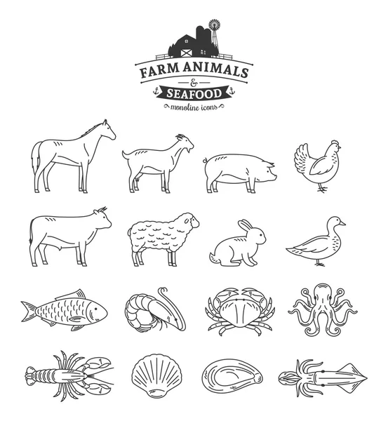 Vector Farm Animals and Seafood Thin Line Icons Collection — Stock Vector