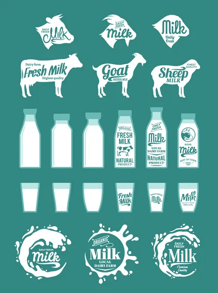 Milk logo, icons, splashes and design elements — Stock Vector