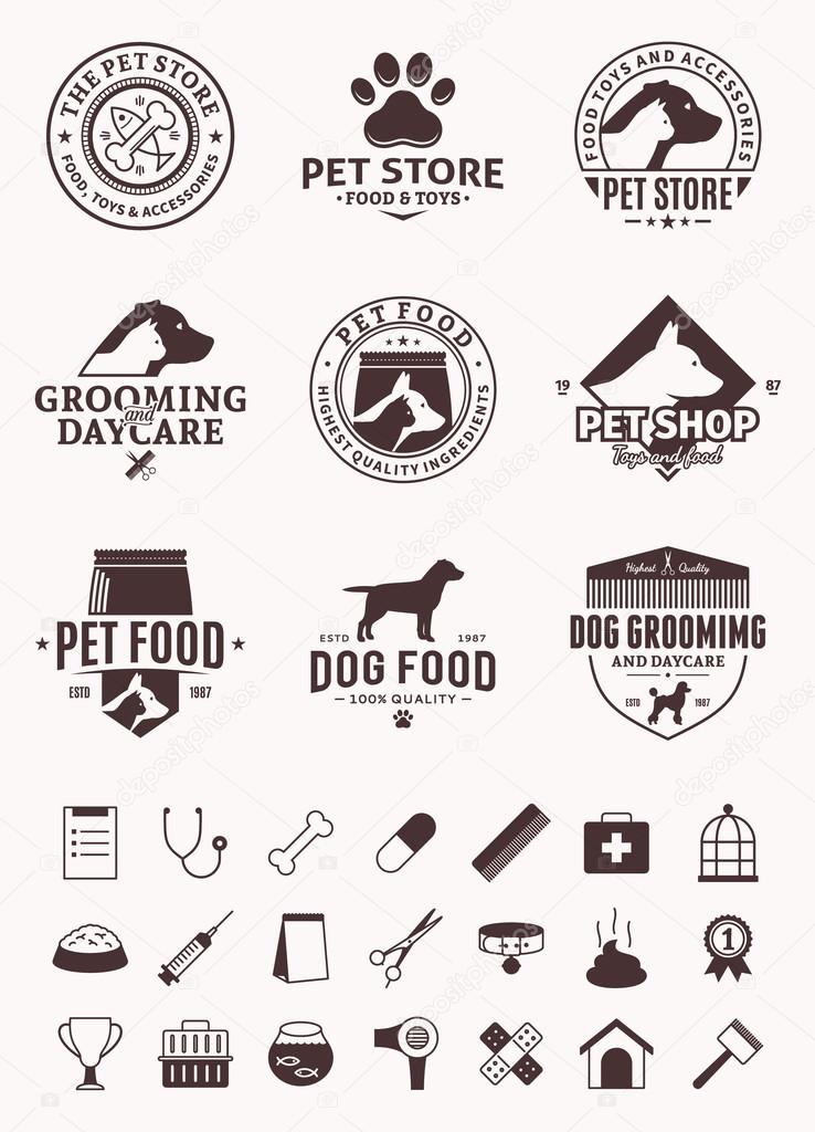 Set of vector pet logo and icons. Vector logo for pet club or shop, pet center or barberry, pet sport club or veterinary clinic. Pet and veterinary icons set.