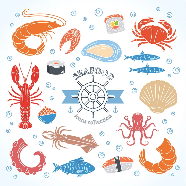 Vector seafood and sushi colorful icons collection — Stock Vector