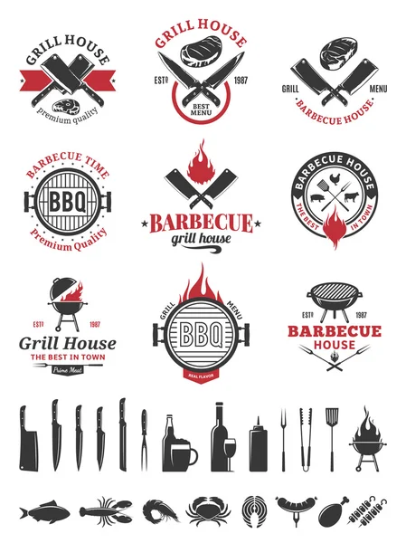 Barbacoa negro y rojo logotipo y etiquetas — Vector de stock