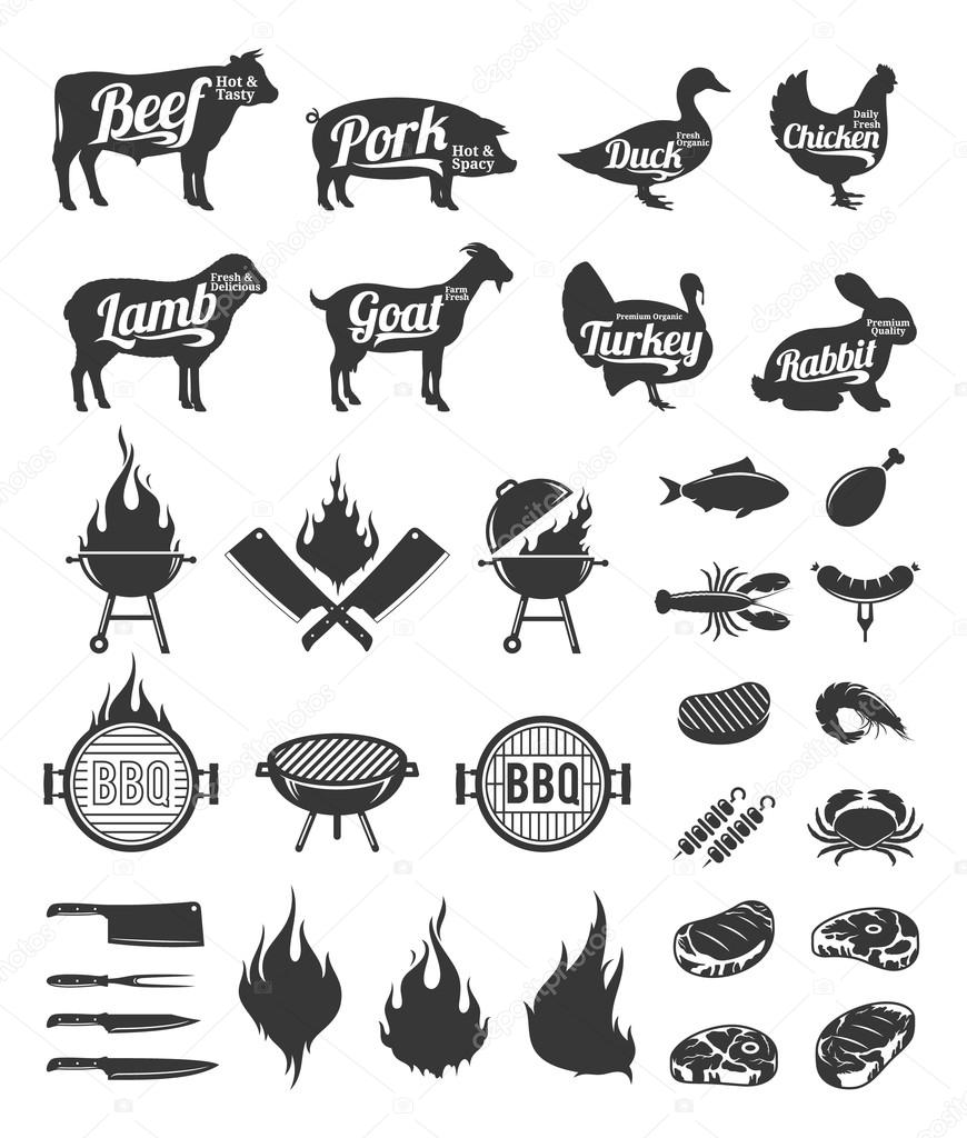 Barbecue, grill and steak house labels and design elements. BBQ, seafood, meat, farm animals and knives icons for cafe, bar and restaurant menu, brandign and identity.