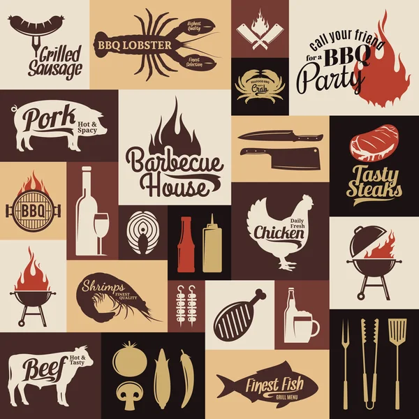 Conjunto de etiquetas vectoriales de barbacoa, iconos y elementos de diseño — Archivo Imágenes Vectoriales