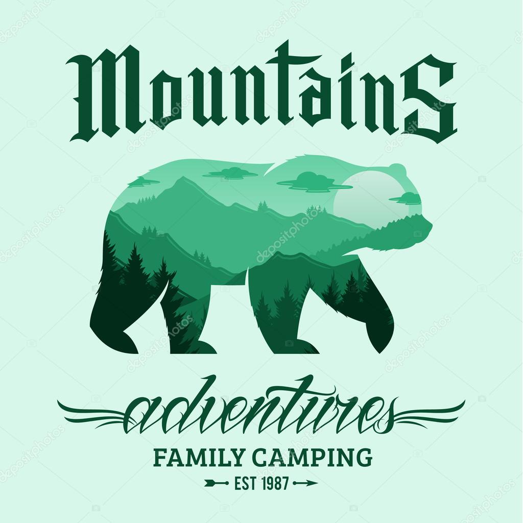 Vector mountains adventures logo. Tourism or camping icon for tourism organizations, outdoor events and camping leisure. Mountain landscape inscribed in bear silhouette.
