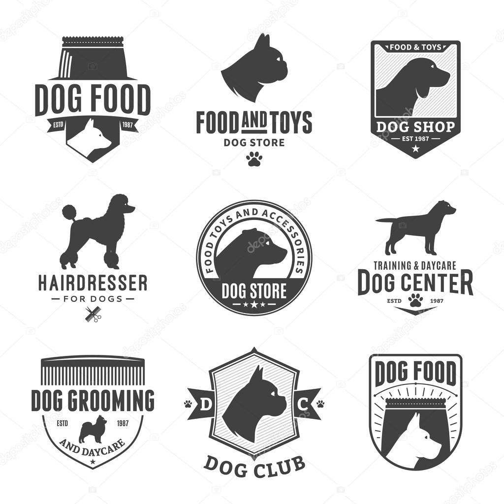 Set of vector dog logo and icons for dog club or shop, grooming, training, food or veterinary clinic.