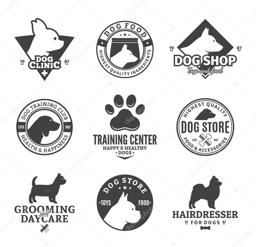 Set of vector dog logo and icons for dog club or shop, grooming, training, food or veterinary clinic.