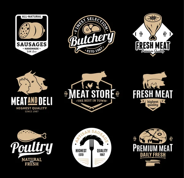 Carnificina de vetor e logotipo de carne, ícones e elementos de design — Vetor de Stock