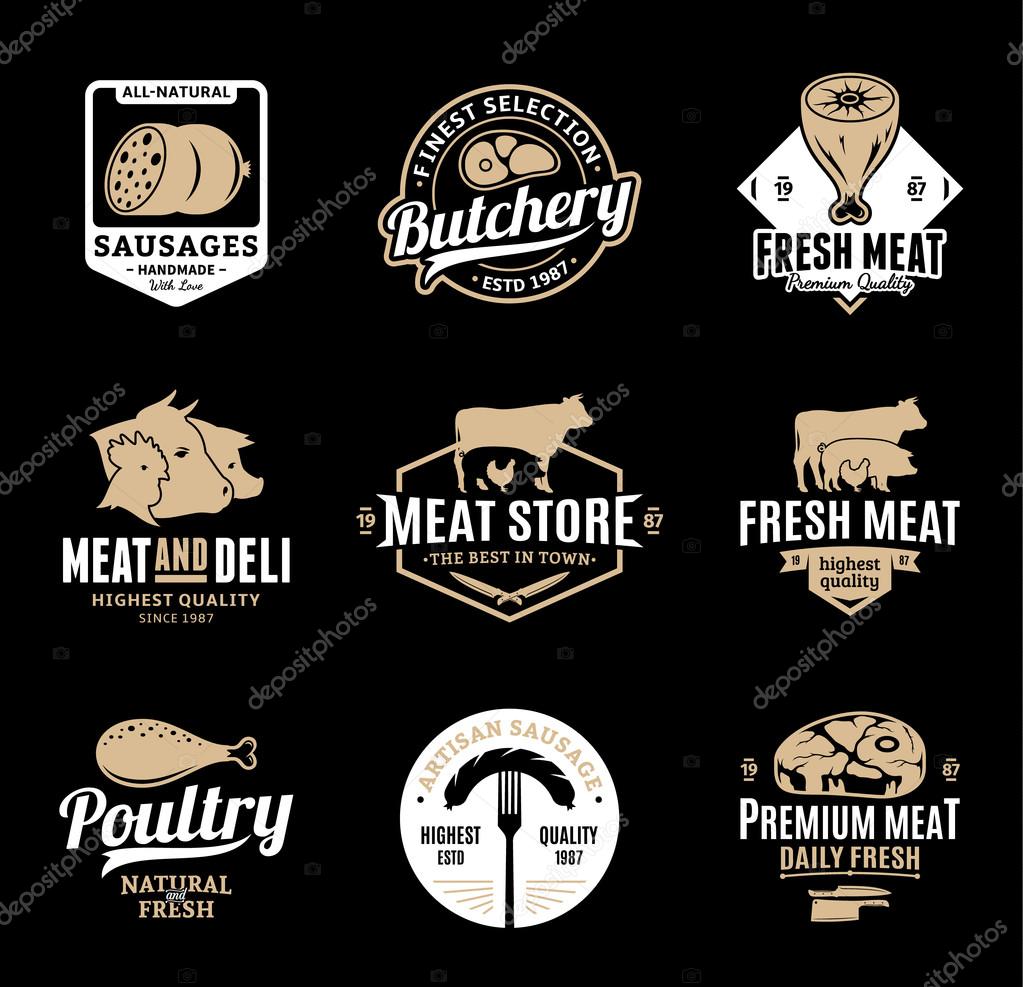 Set of butchery gold and white logo, icons and design elements on black background for grocery, food labels and meat store branding and identity.