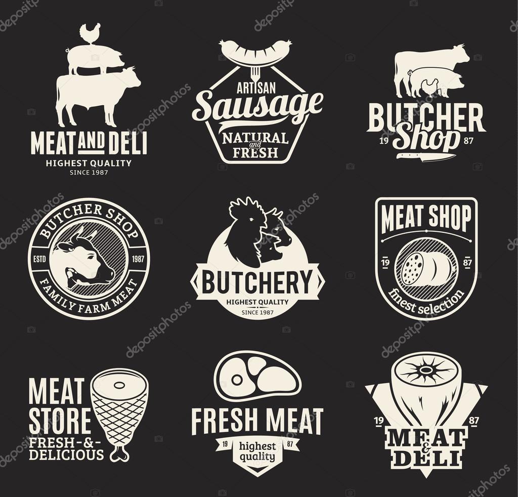 Set of butchery logo, icons and design elements on black background for grocery, food labels and meat store branding and identity.
