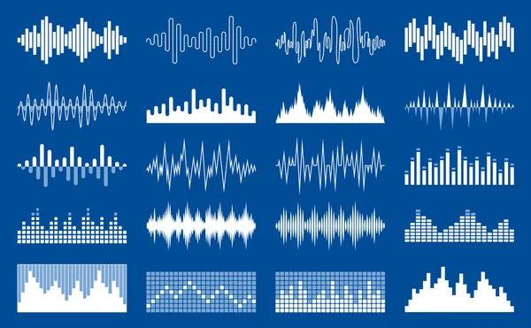 Vector white soundwave and equalizer icons — Stock Vector