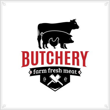 Kasap dükkanı logosunu görmeniz gerekir. Et şirketi şablonu çiftlik hayvanları siluetleri ve Bıçaklar ile