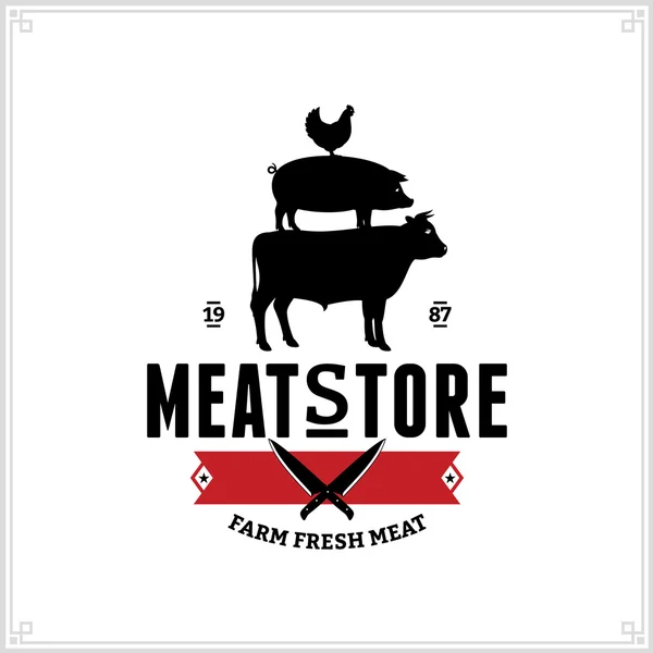 Butcher shop logo. Meat label template with farm animals silhouettes and knives — Stock Vector