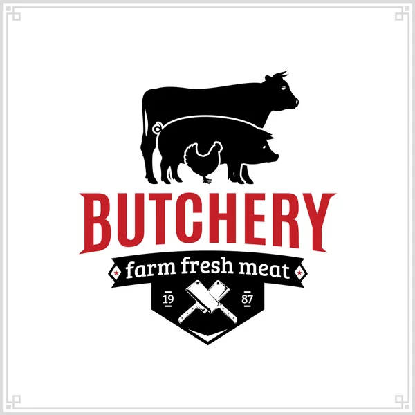 Butcher shop logo. Maso label šablona s farmy zvířat siluety a nože — Stockový vektor