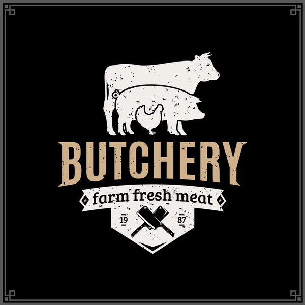 Retro styled butcher shop logo. Meat label template with farm animals silhouettes and knives — Stock Vector