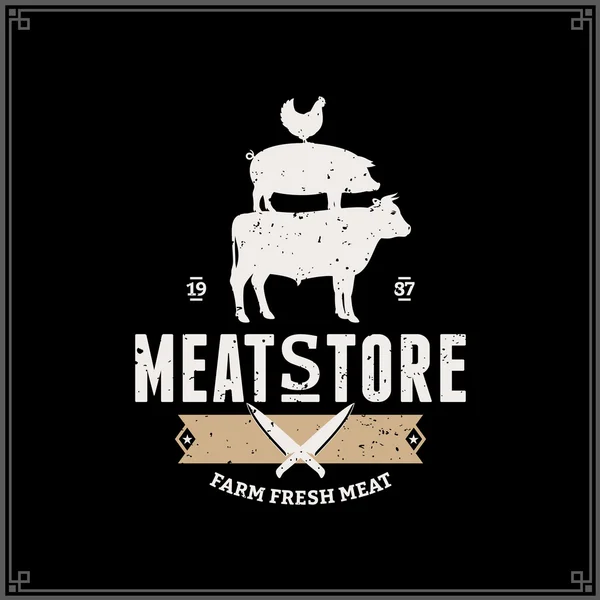 Retro styled butcher shop logo. Meat label template with farm animals silhouettes and knives — Stock Vector