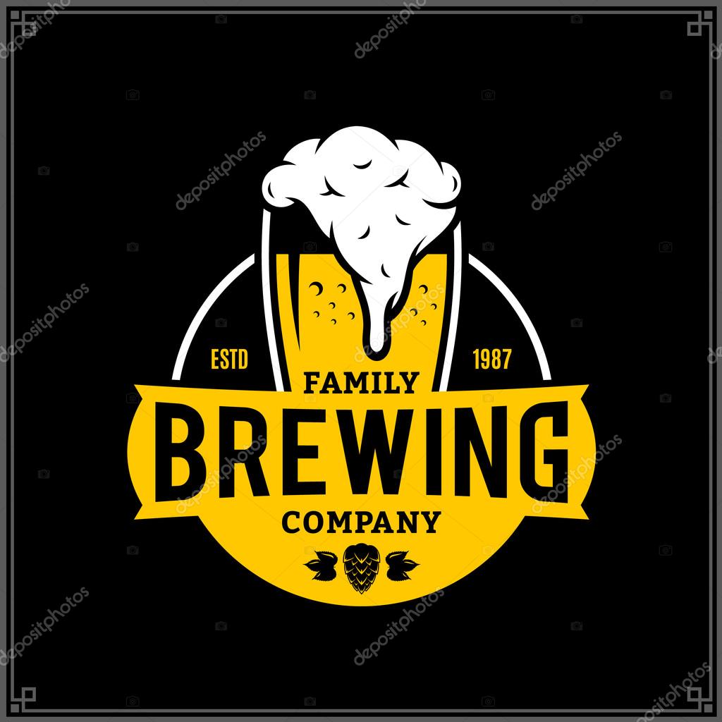 Vector white and yellow vintage brewing company logo isolated on black background for beer house, bar, pub, brewing company branding and identity