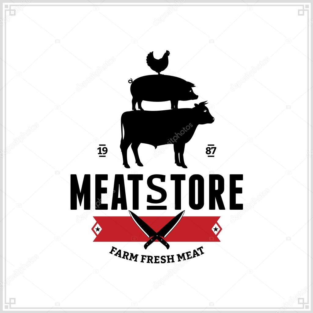 Butcher shop black and red logo with farm animals and knives for groceries, food labels, meat stores, packaging and advertising