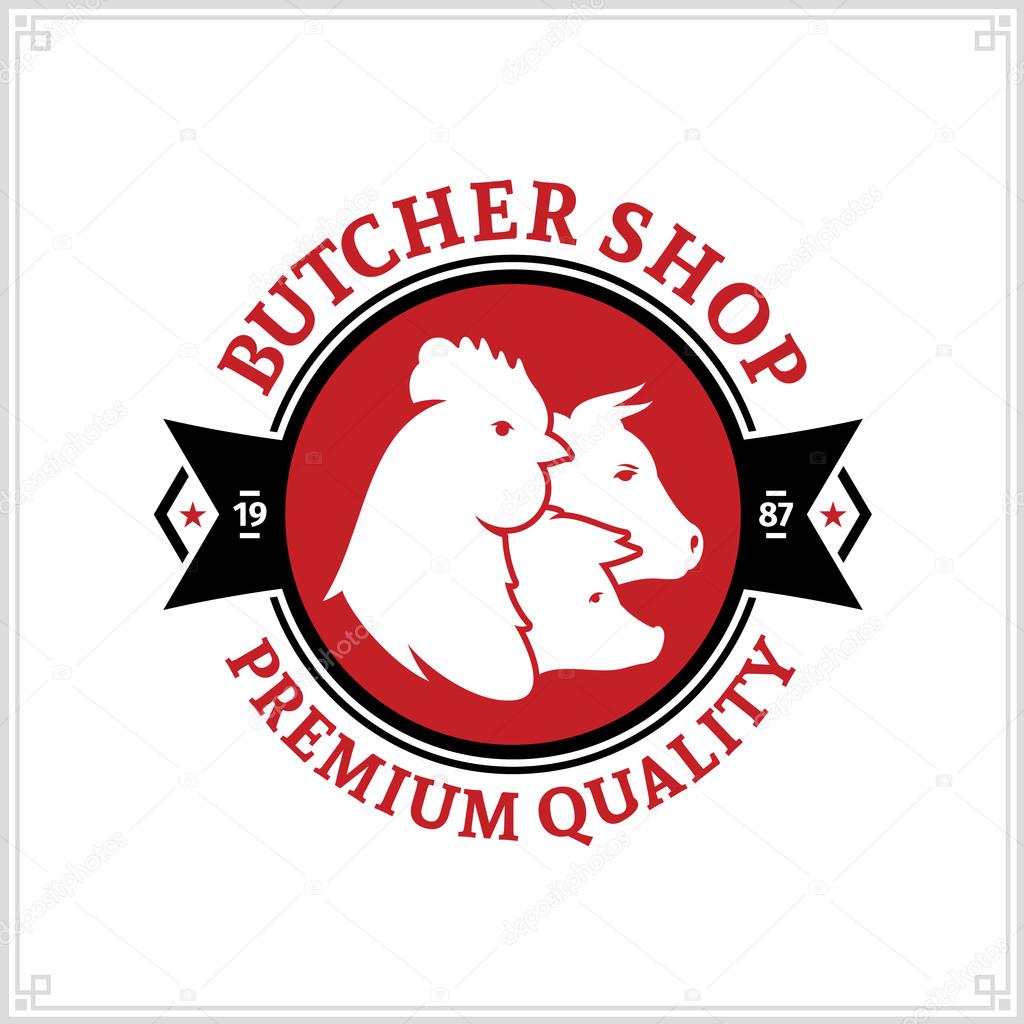 Butcher shop logo. Meat label template with farm animals icons Stock Vector  Image by ©Counterfeit #123928664
