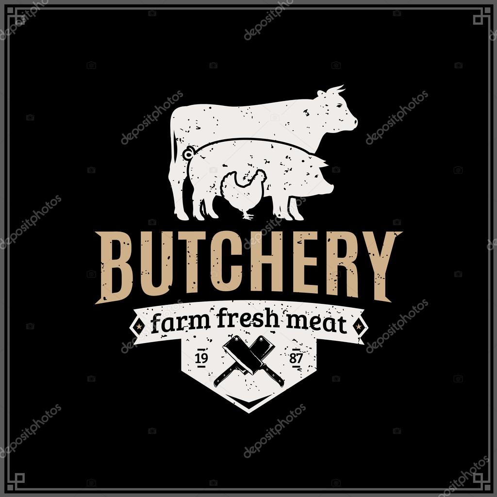 Retro styled butcher shop gold and white logo with farm animals and knives for groceries, food labels, meat stores, packaging and advertising