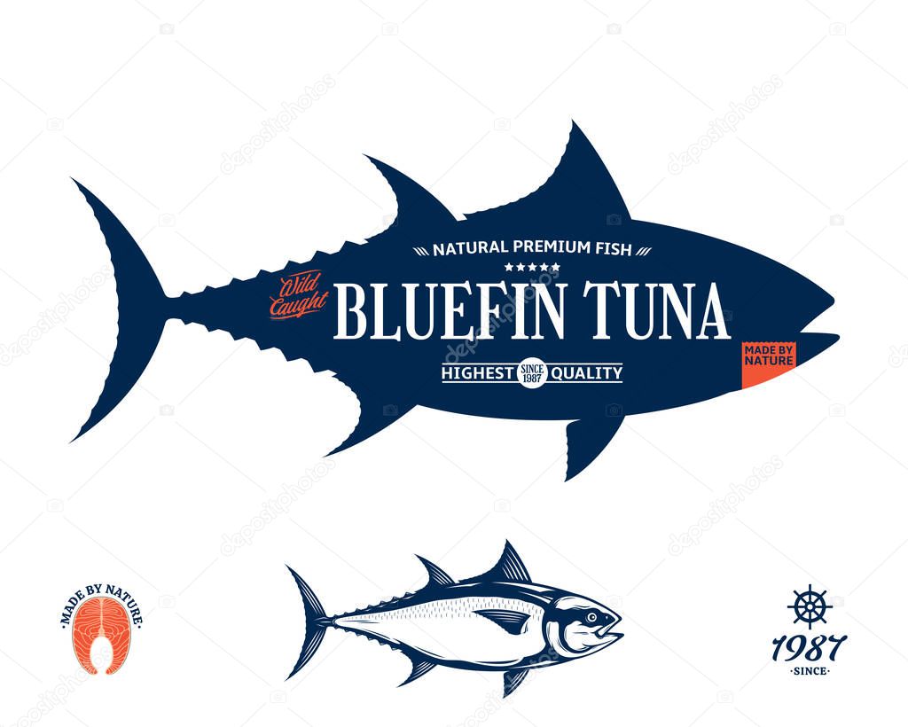 Vector bluefin tuna label isolated on a white background