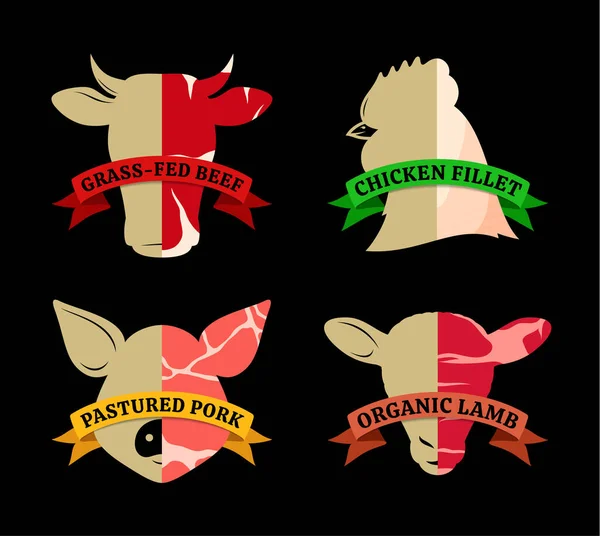 Vectores Animales Granja Iconos Con Texturas Carne Etiquetas Carne Aisladas — Vector de stock