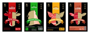 Katliam etiketi dizaynı. Marketler, et dükkanları, ambalajlar ve reklamlar için çiftlik hayvanları simgeleri