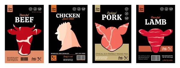 Set Von Etikettenschablonen Für Schlachthöfe Nutztiersymbole Für Lebensmittel Fleischgeschäfte Verpackungen — Stockvektor