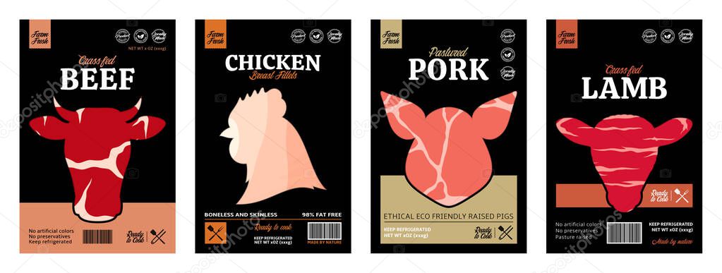 Set of butchery label templates. Farm animal icons for groceries, meat stores, packaging and advertising. Vector label design