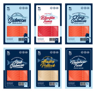 Vektör balığı düz ambalaj tasarımı. Somon, alabalık, ton balığı ve alaska pollock balığı çizimleri ve ambalaj, balıkçılık, reklamcılık vs. için balık eti dokusu