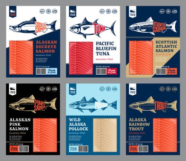 Vektör balık paketleme tasarımı konsepti. Modern deniz ürünleri çizimi. Somon, alabalık, ton balığı ve alaska balığı çizimleri.