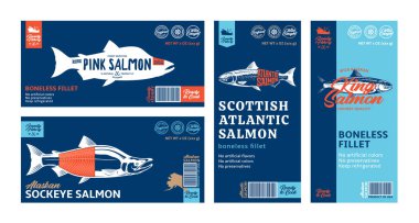 Vector somon yatay ve dikey modern stil etiketleri. Atlantik, Sockeye, Chinook, ve pembe somon balığı çizimleri