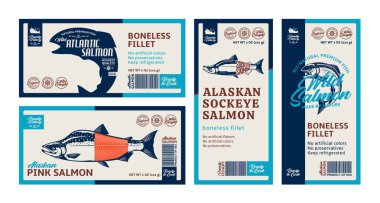 Vektör somon balığı yatay ve dikey etiketler. Atlantik, chinook, somon balığı ve pembe somon balığı çizimleri. Balıkçılık, market, ambalaj ve reklamcılık için deniz ürünleri etiketleri