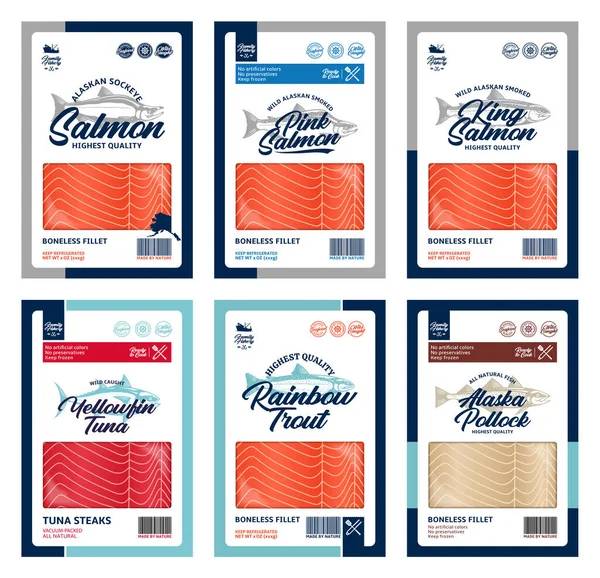 Vector Fish Flat Style Packaging Design Salmon Trout Tuna Alaska — Stock Vector
