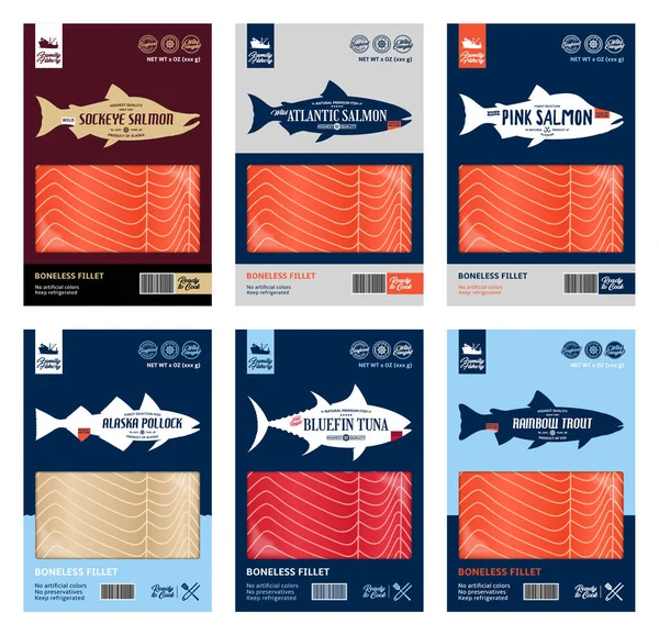 Progettazione Imballaggi Pesci Vettori Etichetta Pesce Stile Piatto Silhouette Pesce — Vettoriale Stock