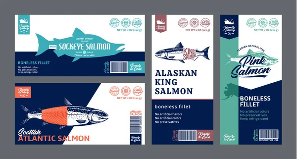Vektör somon balığı yatay ve dikey etiketler. Atlantik, chinook, somon balığı ve pembe somon balığı çizimleri. Modern tarz deniz ürünleri etiketleri