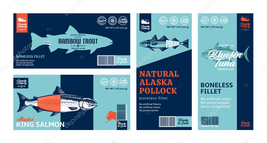 Vector fish horizontal and vertical labels. Salmon, trout, tuna, and alaska pollock fish illustrations. Modern style seafood labels