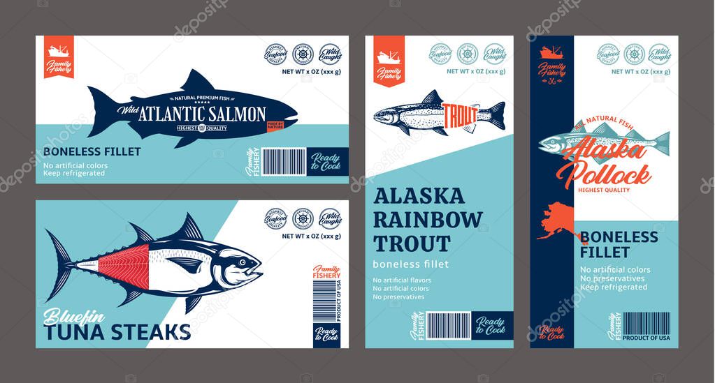 Vector fish horizontal and vertical modern style labels. Salmon, trout, tuna, and alaska pollock fish illustrations. Seafood labels for groceries, fisheries, packaging, and advertising