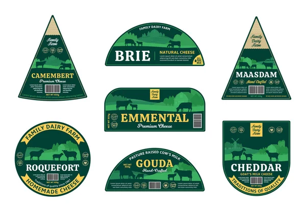 矢量奶酪标签和包装设计元素 奶农插图 农村景观 农场动物和设计要素 — 图库矢量图片