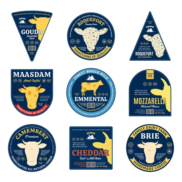 一套病媒奶酪标签和包装设计元素 奶酪的质地 羊和山羊图标 — 图库矢量图片