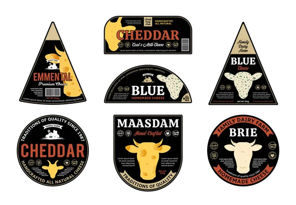 矢量奶酪标签和包装设计元素 不同类型的奶酪纹理 羊和山羊图标 图库插图