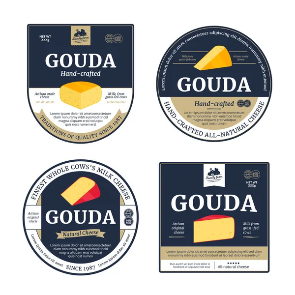 Vector Gouda Cheese Labels Packaging Design Elements Gouda Cheese Detailed — Stock Vector