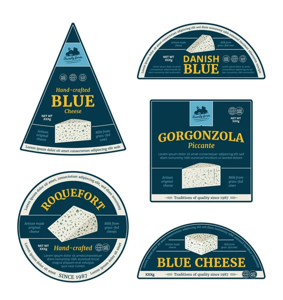 向量蓝色奶酪标签和包装设计元素 Roquefort Gorgonzola和蓝色奶酪详细图标 免版税图库矢量图片
