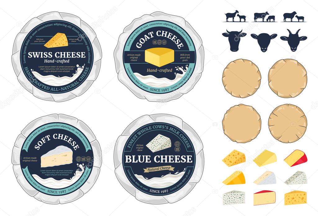 Vector cheese round labels and cheese wheels wrapped in paper. Different types of cheese detailed icons, milk splashes and dairy animals silhouettes