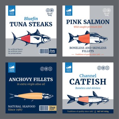 Vektör balık etiketleri. Somon, ton balığı, ançüez ve yayın balığı çizimleri.