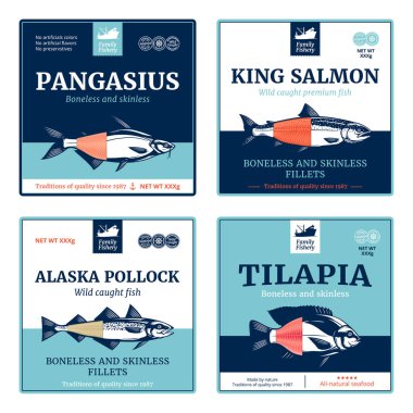 Vektör balık etiketleri. Somon, pangasius, tilapia ve Alaska pollock balığı çizimleri.